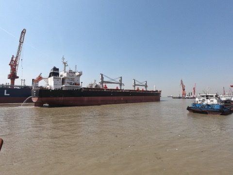 Bulk carrier with cranes leaving the yard with a tug