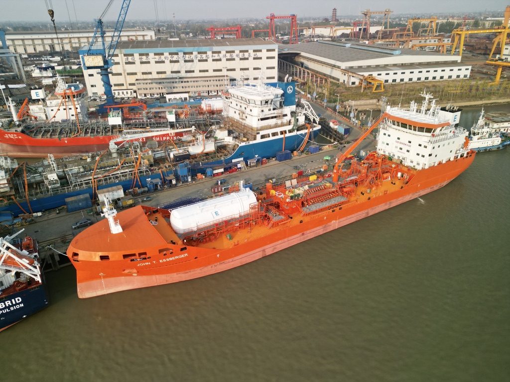 John T. Essberger, stainless steel chemical tanker with LNG fuel tank on deck, fitting out at the Yangzhou yard